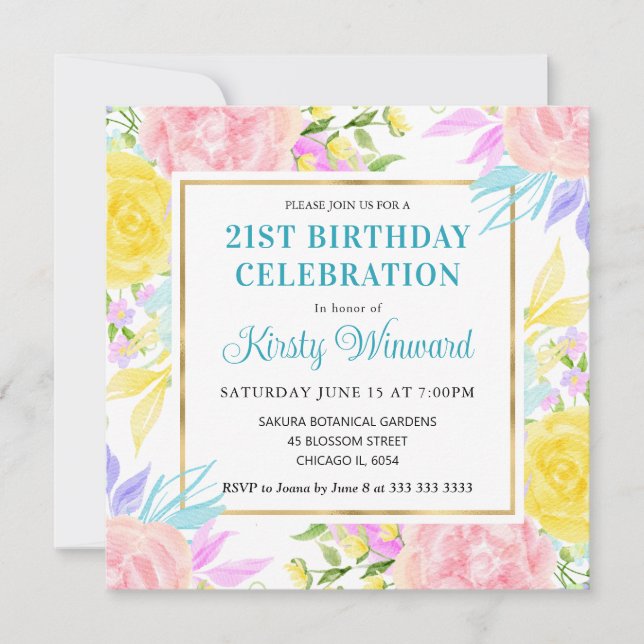 Invitación Flores rosadas, amarillas y azules de cumpleaños (Anverso)