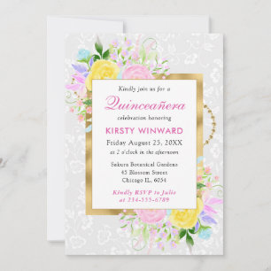 Invitación Flores rosadas, amarillas y azules Quinceañera dor