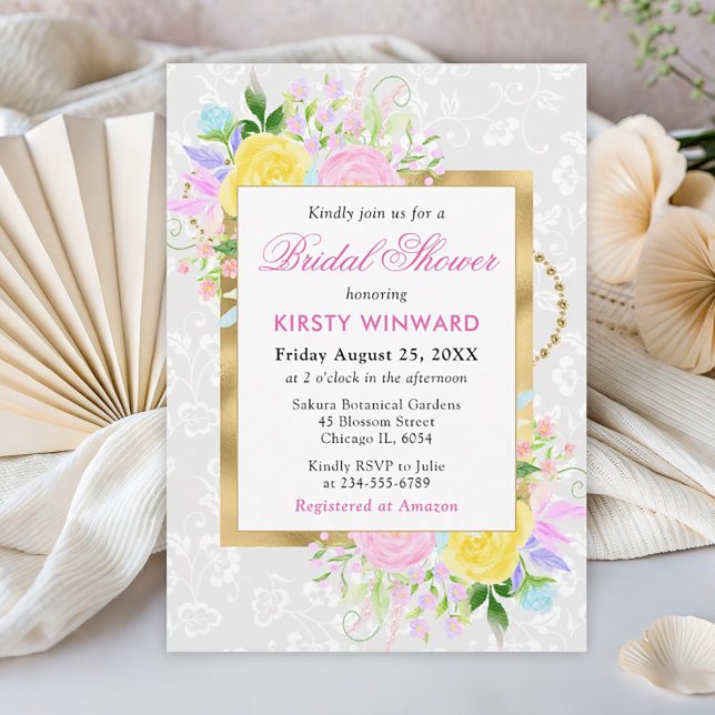 Invitación Flores rosadas, amarillas y azules Regalo de ducha (Subido por el creador)