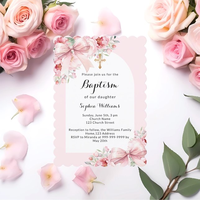 Invitación Flores rosadas arca oro cruza el bautismo de escri (Subido por el creador)