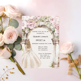 Invitación Flores rosadas arca vestido blanco Dulce 16