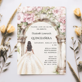 Invitación Flores rosadas arca vestimenta blanca Quinceanera