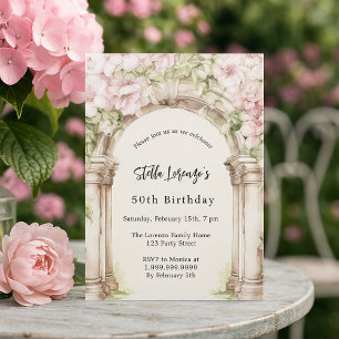 Invitación Flores rosadas arco beige cumpleaños de lujo