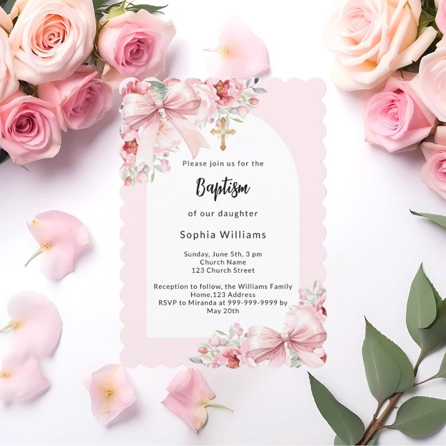 Invitación Flores rosadas arco cruz oro baptismo chica (Subido por el creador)