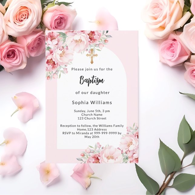 Invitación Flores rosadas arco cruz oro bautismo chica (Subido por el creador)