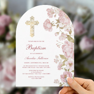 Invitación Flores Rosadas Arco de Bautizo