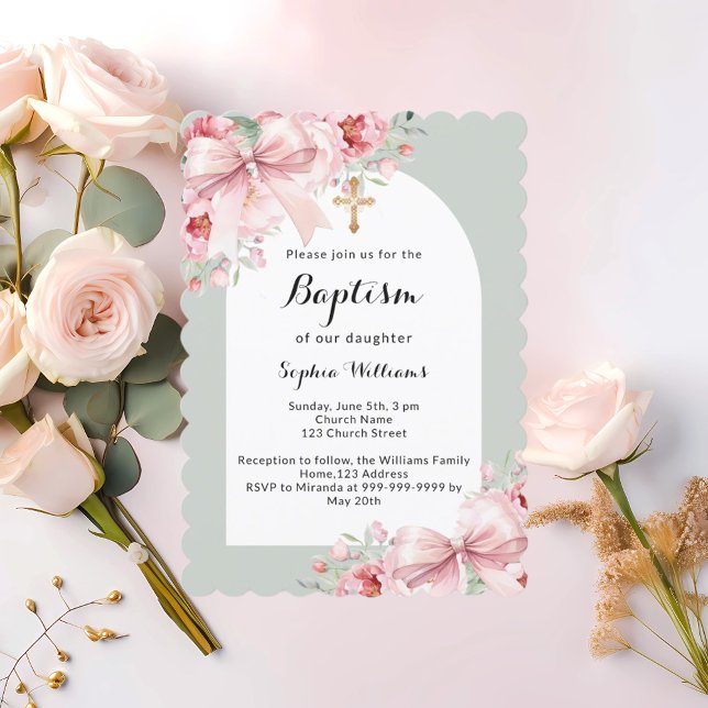 Invitación Flores rosadas arcos cruzan el sabio bautismo verd (Subido por el creador)