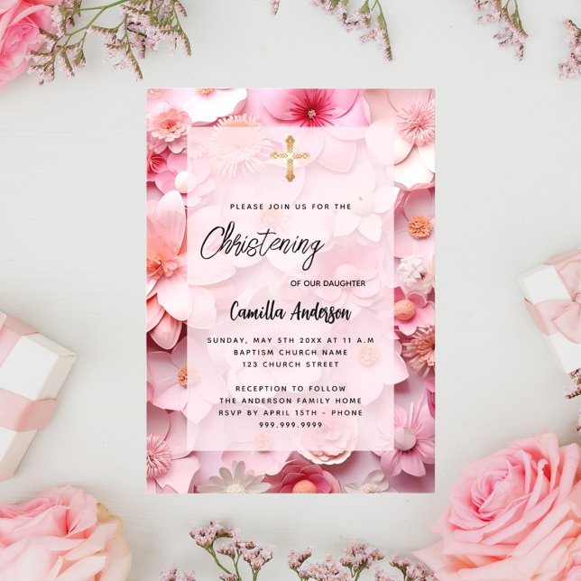 Invitación Flores rosadas bebé Christening (Subido por el creador)