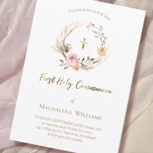 Invitación flores rosadas beige Primera Comunión