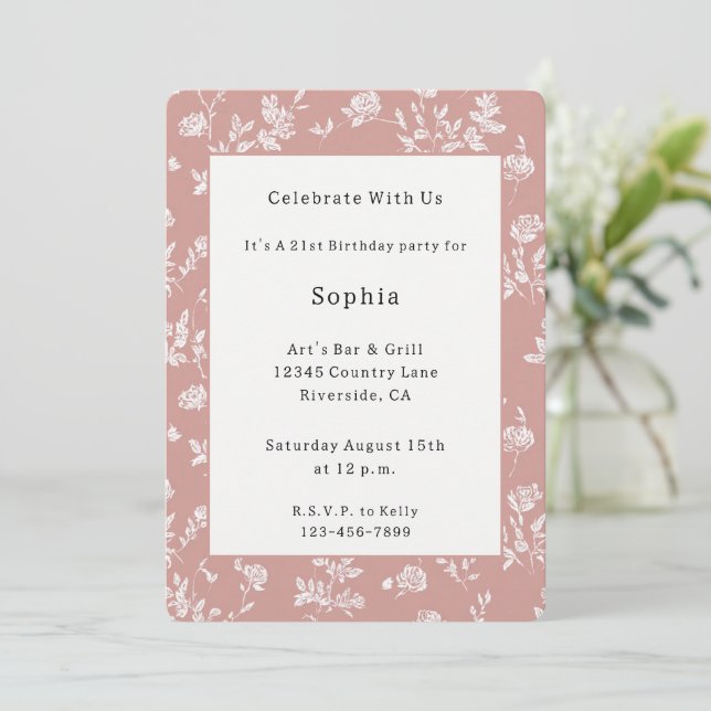 Invitación Flores Rosadas Blancas Cumpleaños   (Anverso de pie)
