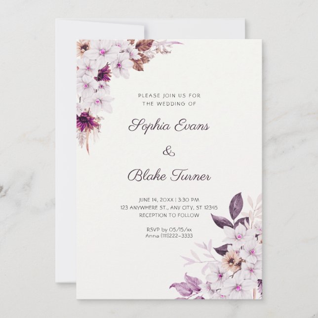 Invitación Flores rosadas blancas rústicas Boho Boda de blanc (Anverso)