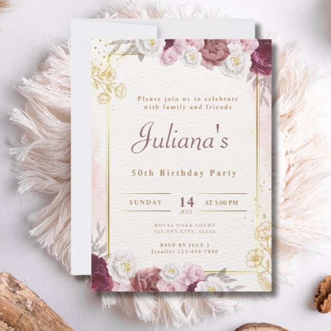 Invitación Flores rosadas Boho Elegant Fiesta de cumpleaños n (Subido por el creador)