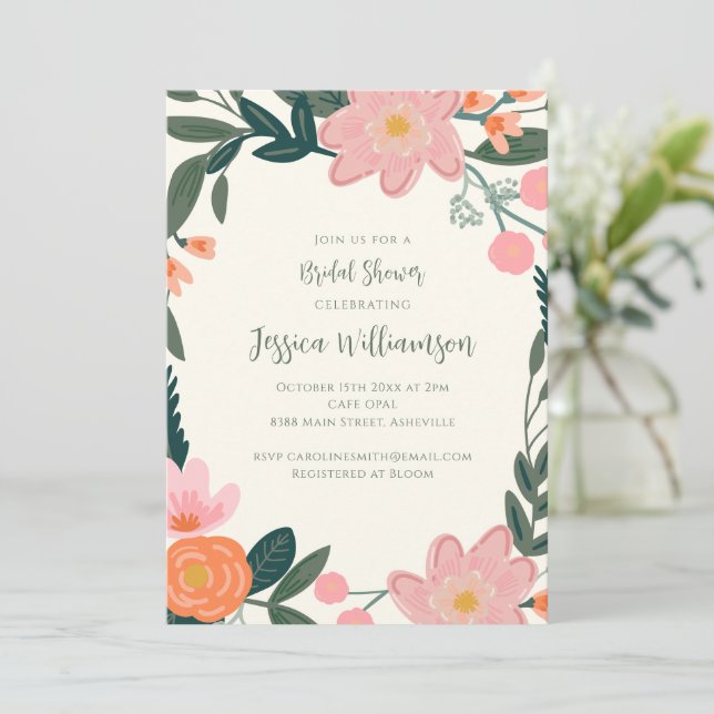 Invitación Flores rosadas bonitas bordes botánicos para despe (Anverso de pie)