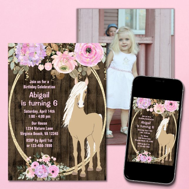 Invitación Flores rosadas bonito Barnwood Photo Horse Cumplea (Subido por el creador)