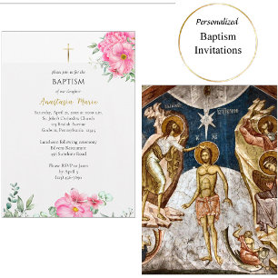 Invitación Flores rosadas brillantes y felices Bautismo ortod