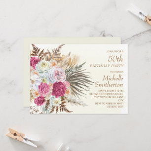 Invitación Flores Rosadas Brillo Dorado Crema Cumpleaños 50