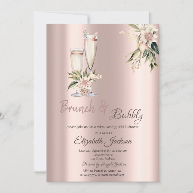 Invitación Flores rosadas brunch & bubbly gotean Bridal Showe (Anverso)