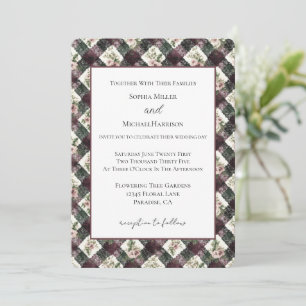 Invitación Flores Rosadas Burgundy Negro Encaje Falso Boda