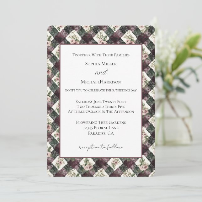 Invitación Flores Rosadas Burgundy Negro Encaje Falso Boda (Anverso de pie)