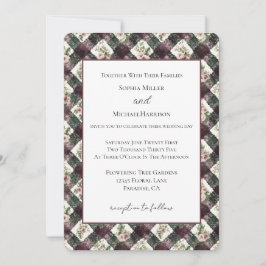 Invitación Flores Rosadas Burgundy Negro Encaje Falso Boda