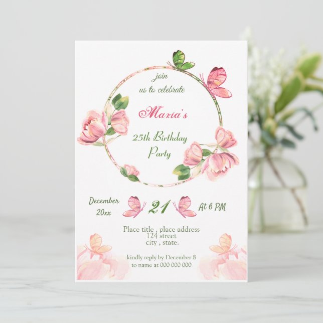 Invitación flores rosadas calientes deja fiesta de cumpleaños (Anverso de pie)
