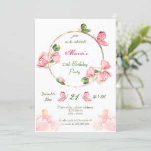 Invitación flores rosadas calientes deja fiesta de cumpleaños