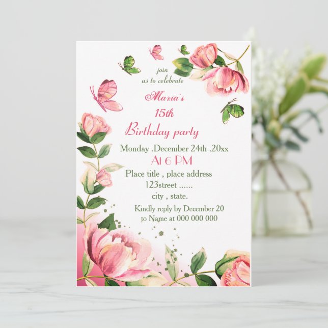 Invitación flores rosadas calientes deja fiesta de cumpleaños (Anverso de pie)