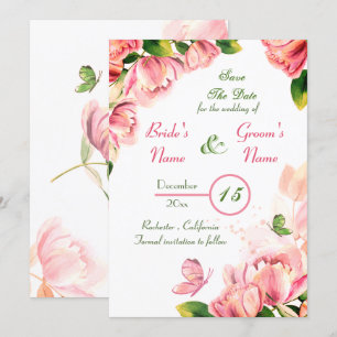 Invitación flores rosadas calientes hojas mariposas salvar la