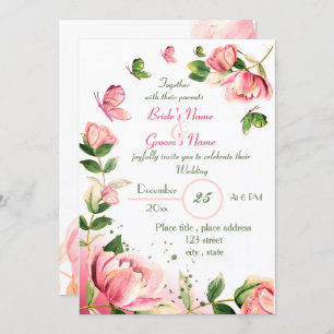Invitación flores rosadas calientes hojas verdes mariposas bo