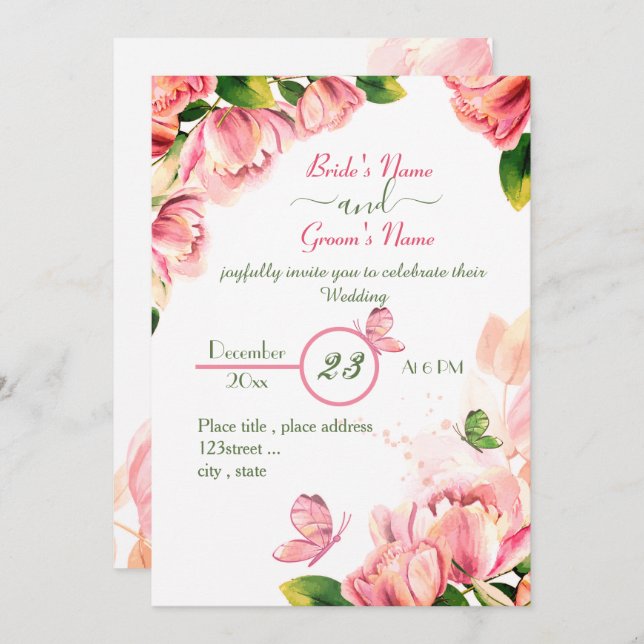 Invitación flores rosadas calientes hojas verdes mariposas bo (Anverso / Reverso)