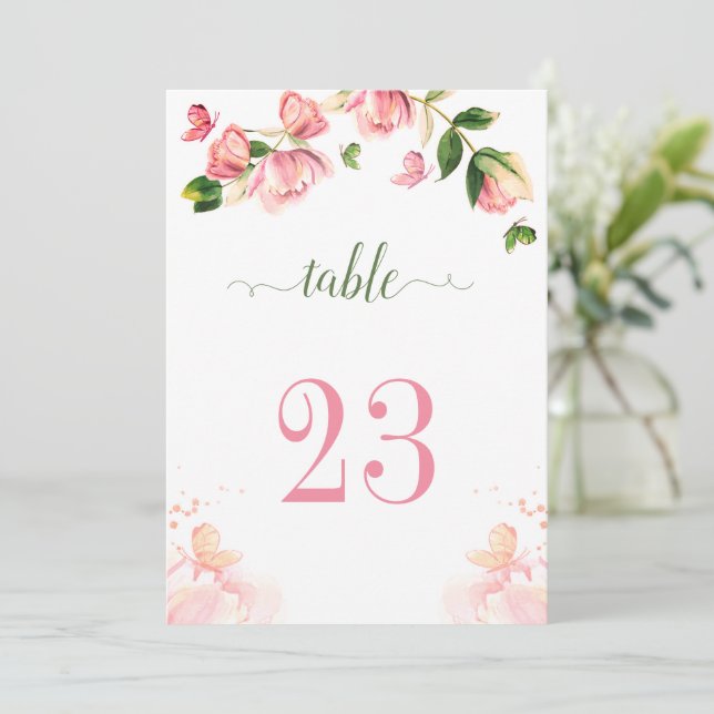 Invitación flores rosadas calientes vegetación mariposas núme (Anverso de pie)