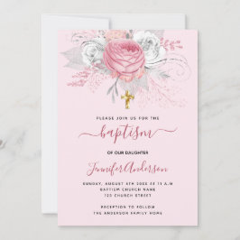 Invitación Flores rosadas chicas bautizos cruzados de oro