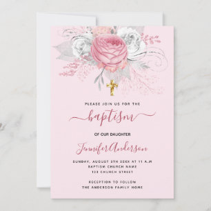 Invitación Flores rosadas chicas bautizos cruzados de oro