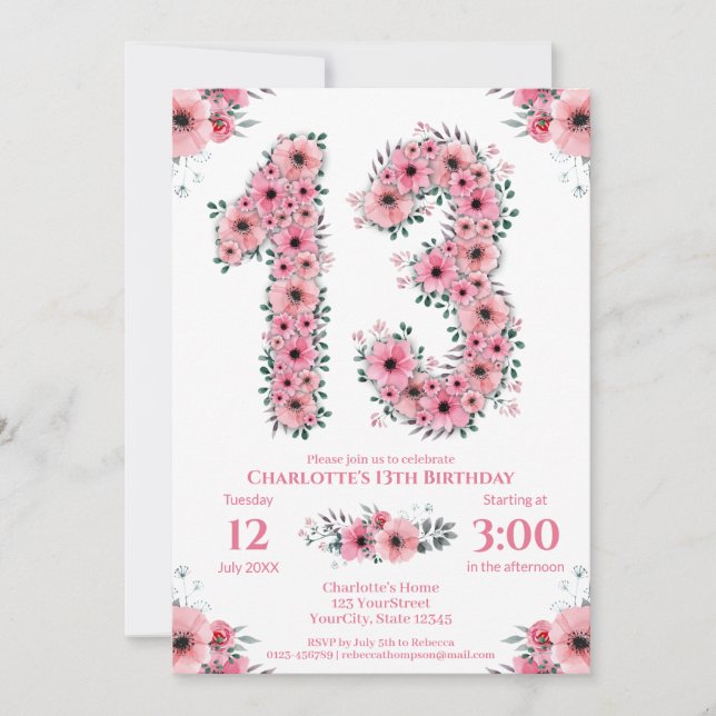 Invitación Flores rosadas Chicas del follaje verde de los 13  (Anverso)