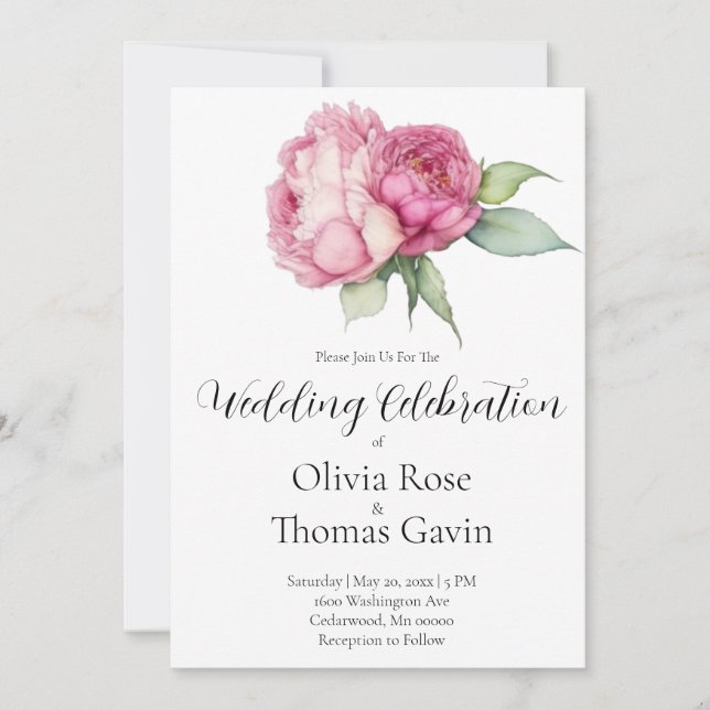 Invitación Flores rosadas color agua peonías rosadas rosadas  (Anverso)