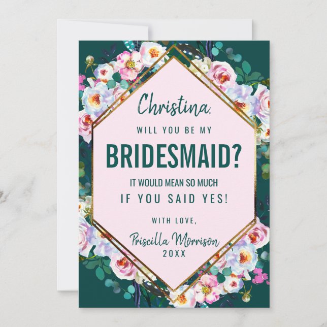 Invitación Flores rosadas con borde dorado jade esmeralda par (Anverso)