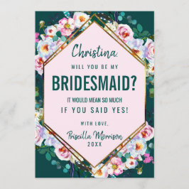 Invitación Flores rosadas con borde dorado jade esmeralda par