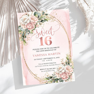 Invitación Flores rosadas con vegetación Sweet Sixteen 