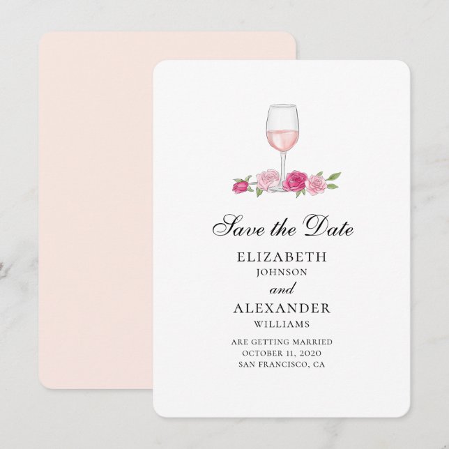 Invitación Flores rosadas. Copa de vino. Rosas guardan la fec (Anverso / Reverso)