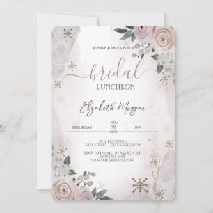 Invitación Flores rosadas copos de nieve merienda nupcial
