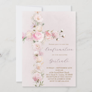Invitación flores rosadas cruz  Confirmación