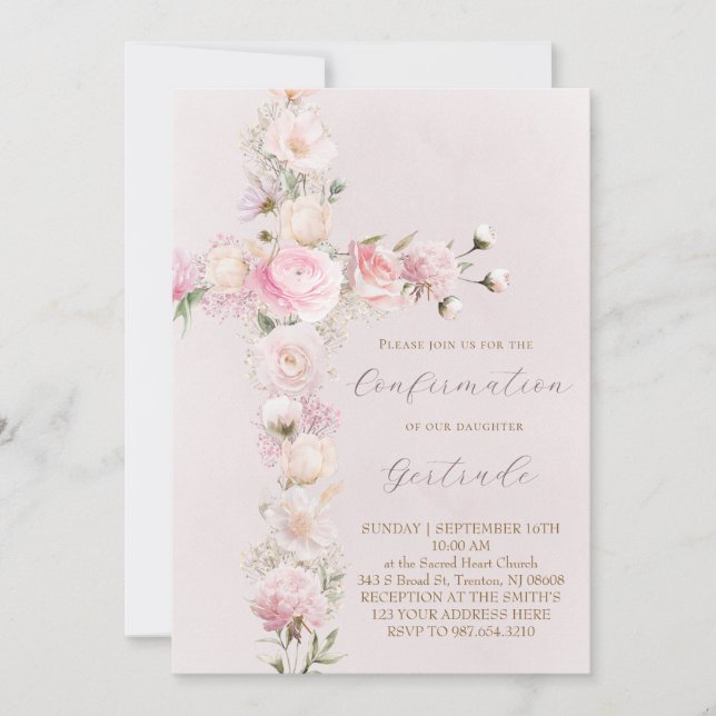Invitación flores rosadas cruz  Confirmación (Anverso)