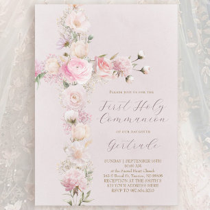 Invitación flores rosadas cruz Primera Comunión
