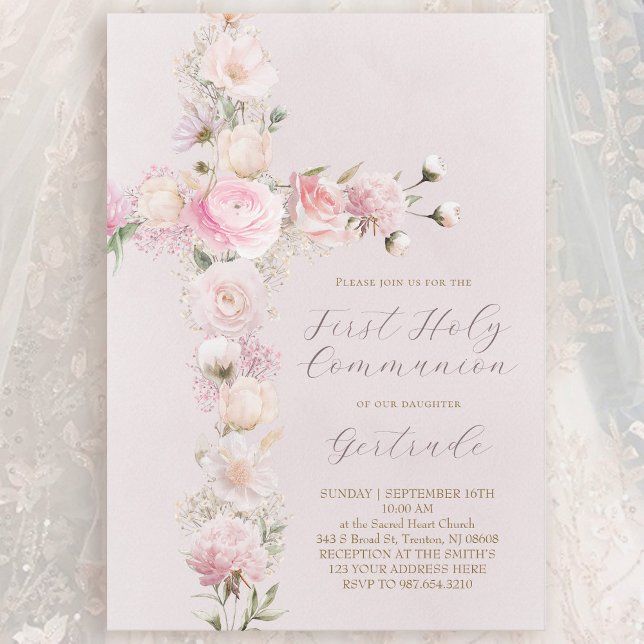 Invitación flores rosadas cruz Primera Comunión (Subido por el creador)