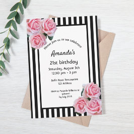 Invitación Flores rosadas de 21 años en franjas blancas negra