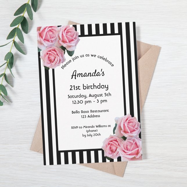 Invitación Flores rosadas de 21 años en franjas blancas negra (Subido por el creador)