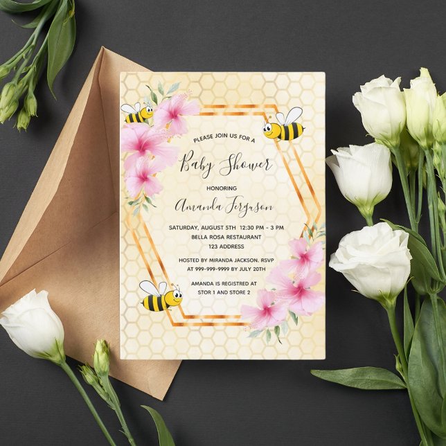 Invitación Flores rosadas de abeja de abeja de burbujas de be (Subido por el creador)