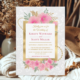 Invitación Flores rosadas de acuarela con brillo de pan de or