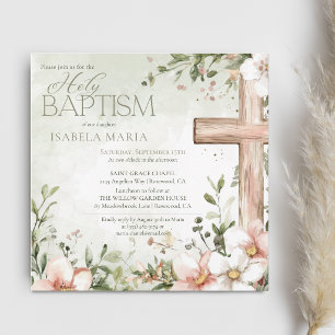 Invitación Flores rosadas de acuarela cruz de madera bautizo
