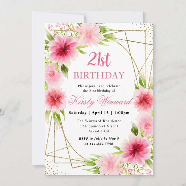 Invitación Flores rosadas de acuarela marco dorado Cumpleaños (Anverso)